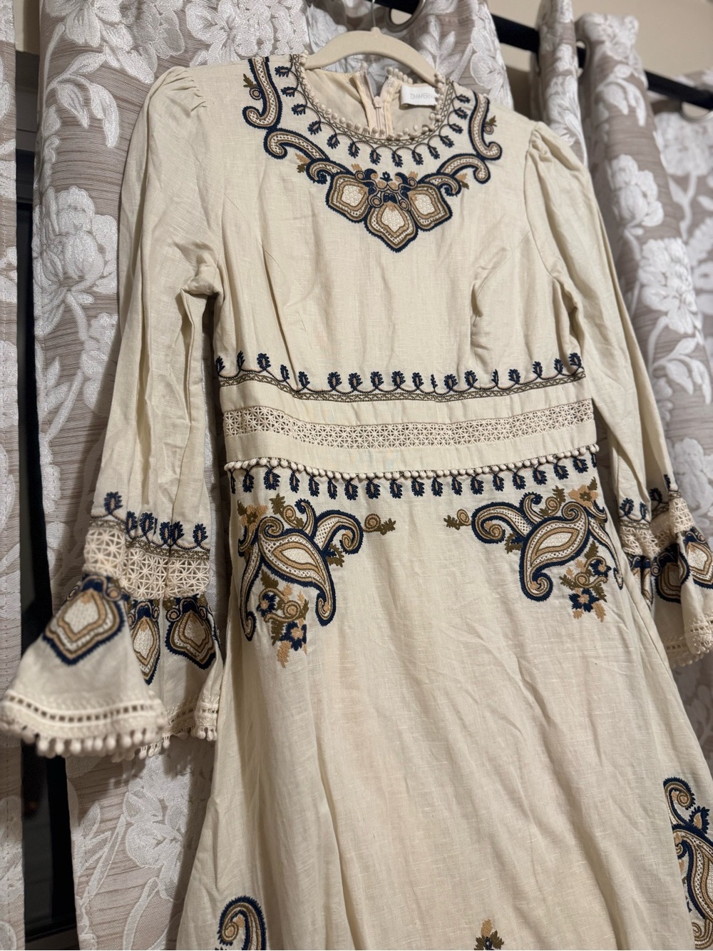 Zimmermann Cream Midi Dress with Navy Embroidered Detail Au size 2 - Picture 2 of 8